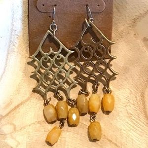 Lucky Brand Brass Toned earrings with Amber colored beads--NWT!